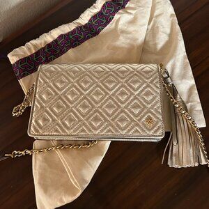 Tory Burch Gold Quilted Crossbody Bag with Tassel